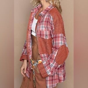New POL Plaid Button-Up Shacket with Textured Pockets Oversized Size Small